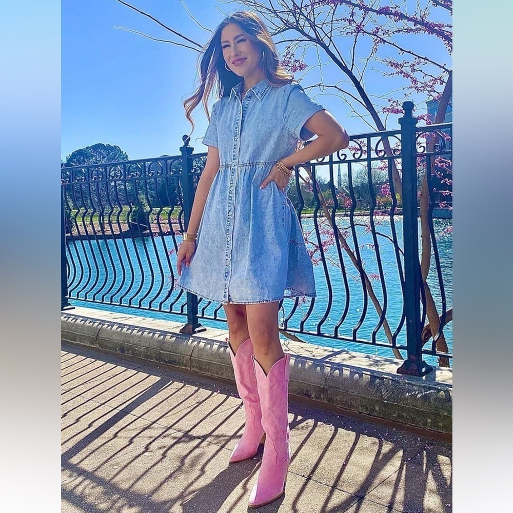 Amazon Casual Short Sleeve Button Down Tiered Denim Babydoll Jean Dress XS blue